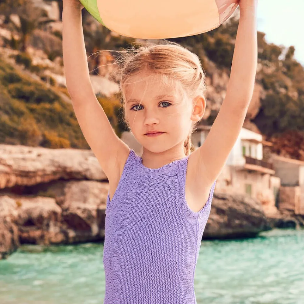 Hunza G Swimwear*Girls Purple Bow Crinkle Swimsuit