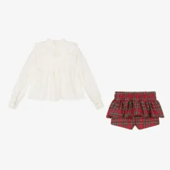 Abuela Tata Outfit Sets*Girls Red Tartan Cotton Shorts Set