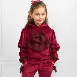Caramelo Kids Tracksuits*Girls Red Velour & Tulle Bow Tracksuit