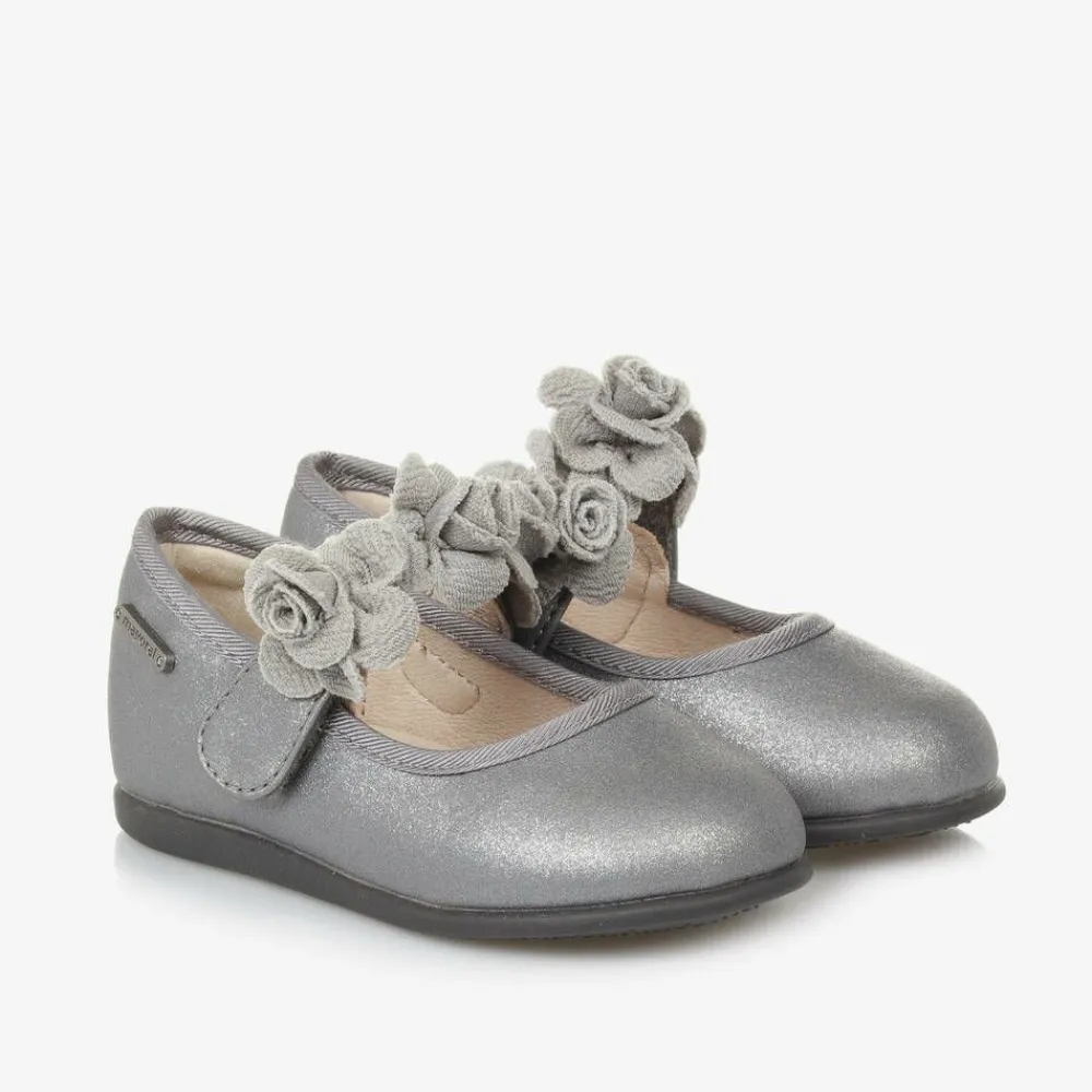 Mayoral Bar Shoes|Bar Shoes*Girls Silver Floral Bar Shoe