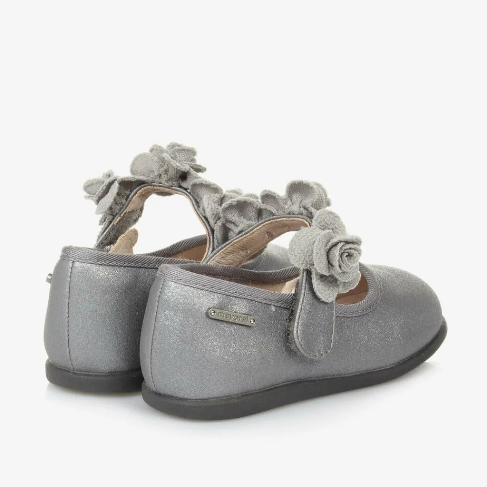 Mayoral Bar Shoes|Bar Shoes*Girls Silver Floral Bar Shoe