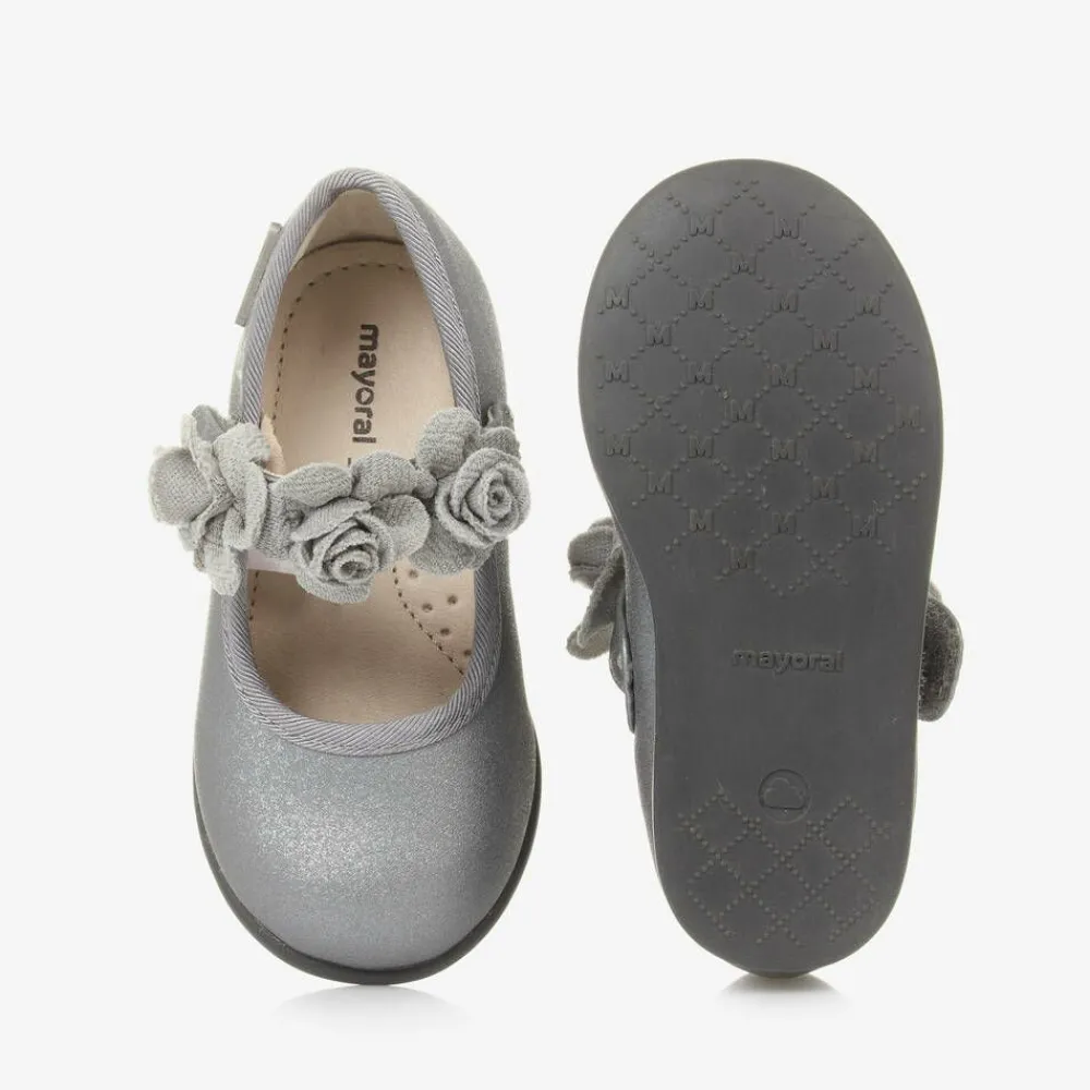 Mayoral Bar Shoes|Bar Shoes*Girls Silver Floral Bar Shoe