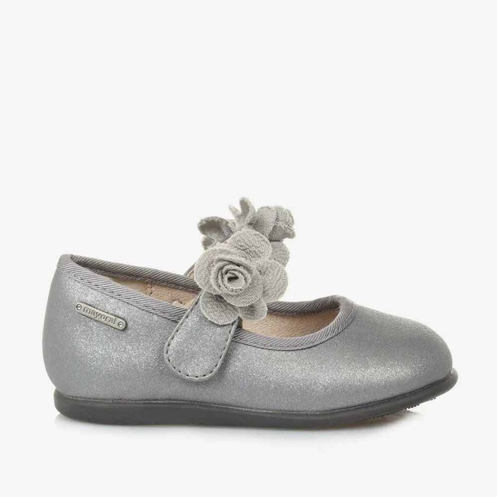 Mayoral Bar Shoes|Bar Shoes*Girls Silver Floral Bar Shoe