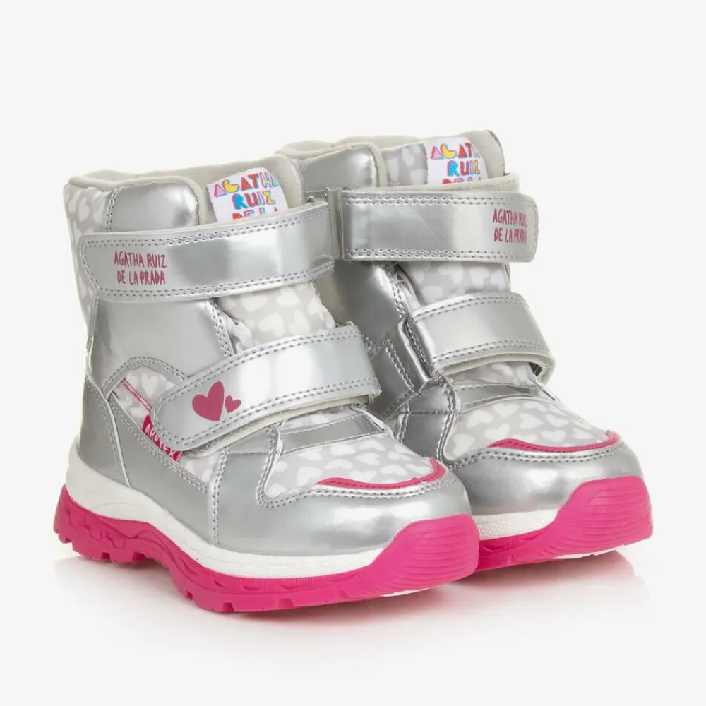 Agatha Ruiz de la Prada Snow Boots|Snow Boots*Girls Silver Heart Print Snow Boots