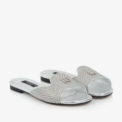 Dolce amp; Gabbana Sliders|Sliders*Girls Silver Leather Rhinestone Sliders