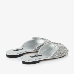 Dolce amp; Gabbana Sliders|Sliders*Girls Silver Leather Rhinestone Sliders