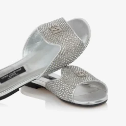 Dolce amp; Gabbana Sliders|Sliders*Girls Silver Leather Rhinestone Sliders