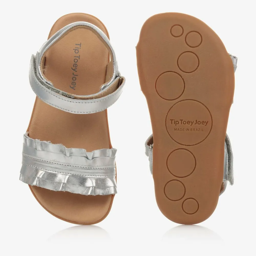 Tip Toey Joey Sandals*Girls Silver Leather Ruffle Sandals