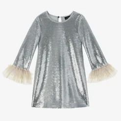 Monnalisa Dresses*Girls Silver Sequin & Tulle Dress