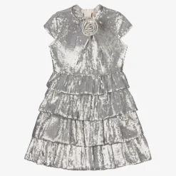 Marlo Kids Gifts*Girls Silver Tiered Sequinned Tulle Dress