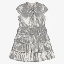 Marlo Kids Gifts*Girls Silver Tiered Sequinned Tulle Dress