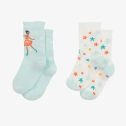 Frugi Socks*Girls White & Blue Cotton Socks (2 Pack) EnchantedForest