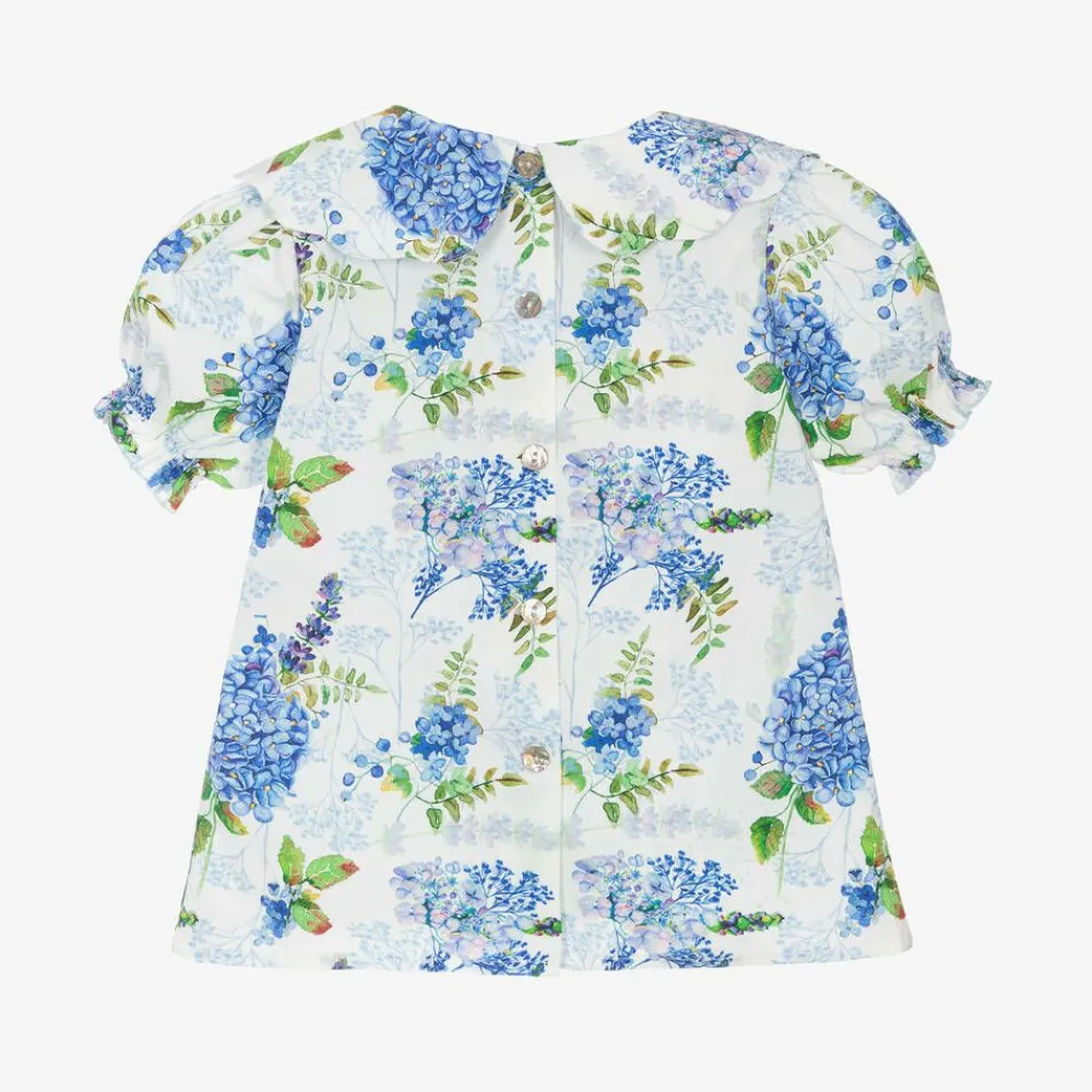 Phi Clothing Tops*Girls White & Blue Floral Cotton Blouse
