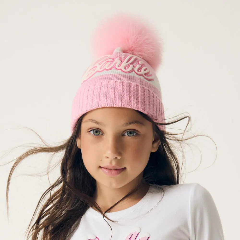 Monnalisa Hats*Girls White & Pink Knitted Beanie Hat