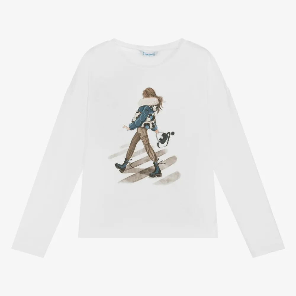 Mayoral Tops*Girls White Cotton Girl Graphic Top