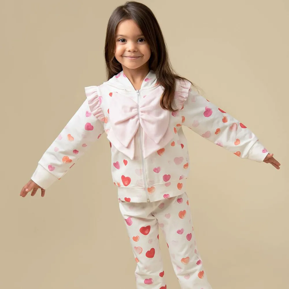 Caramelo Kids Tracksuits*Girls White Cotton Heart Print Tracksuit
