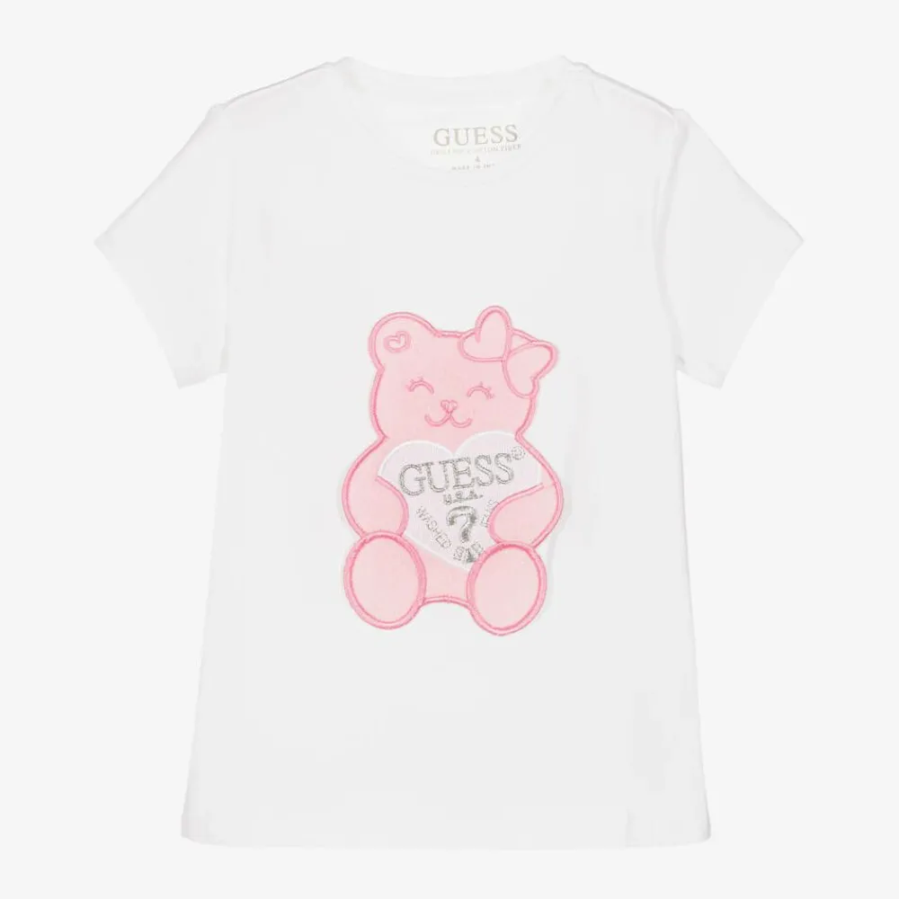 Guess Tops*Girls White Cotton Teddy Bear T-Shirt