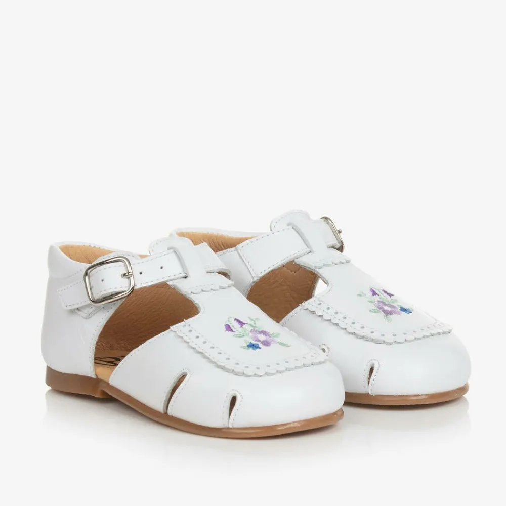 Beatrice amp; George Traditional Shoes|Bar Shoes*Girls White Embroidered Floral Leather Shoes