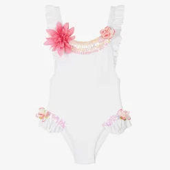 Selini Action Swimwear*Girls White Sequin & Floral Swimsuit