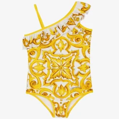 Dolce amp; Gabbana Swimwear*Girls Yellow Majolica Print Swimsuit