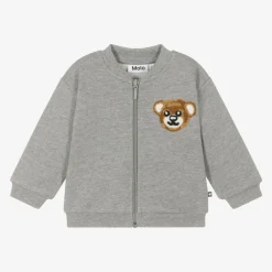 Molo Tops*Grey Cotton Bear Zip-Up Top Greymelange