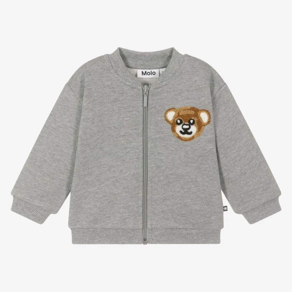Molo Tops*Grey Cotton Bear Zip-Up Top Greymelange