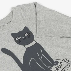 Mini Rodini Tops*Grey Marl Organic Cotton Cat Print T-Shirt