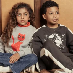 Mini Rodini Tops*Grey Organic Cotton Cat Print Sweatshirt