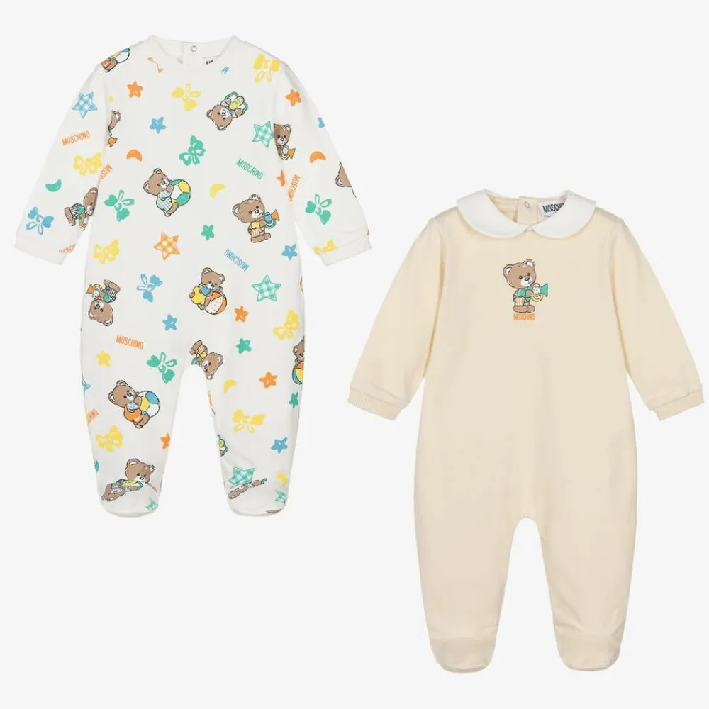 Moschino Baby Gifts|Babysuits*Ivory & Beige Teddy Bear Cotton Babygrows (2 Pack)
