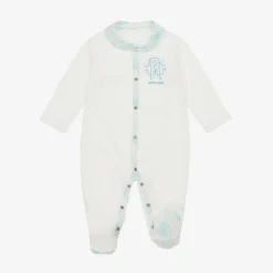 Roberto Cavalli Babysuits*Ivory & Blue Cotton Monogram Babysuit Set