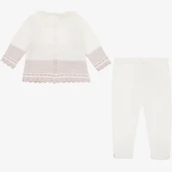 Paz Rodríguez Gifts|Babysuits*Ivory & Pink Merino Wool Knitted 2 Piece Babygrow