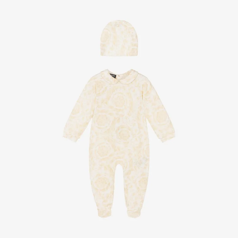 Versace Gifts|Babysuits*Ivory Cotton Babysuit & Hat Set white