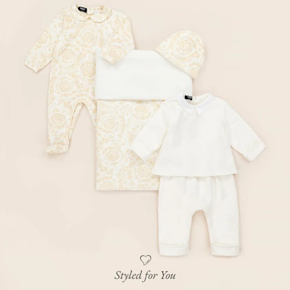 Versace Gifts|Babysuits*Ivory Cotton Babysuit & Hat Set white