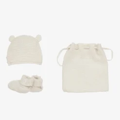 Guess Hats*Ivory Cotton Knit Baby Hat & Booties Set
