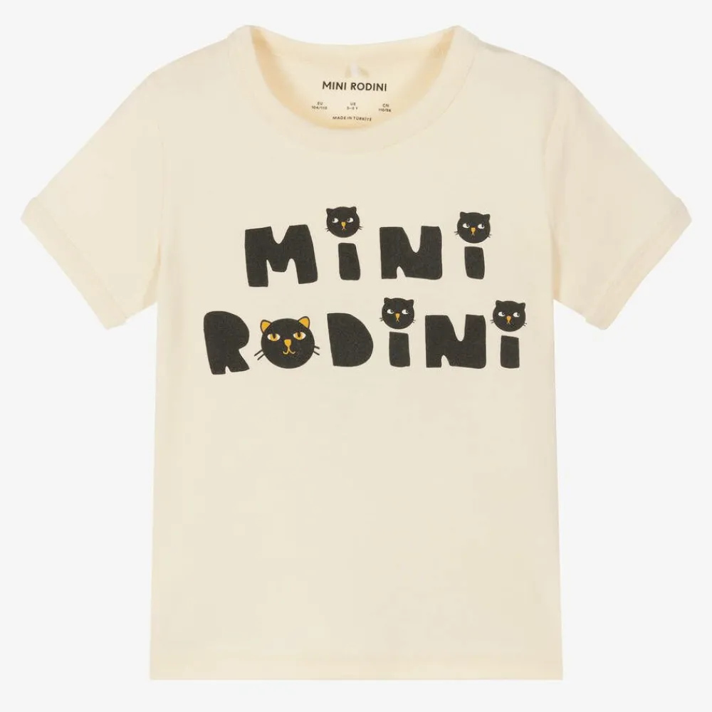 Mini Rodini Tops*Ivory Organic Cotton Cats T-Shirt OffWhite