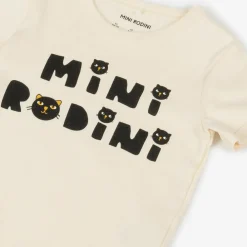 Mini Rodini Tops*Ivory Organic Cotton Cats T-Shirt OffWhite