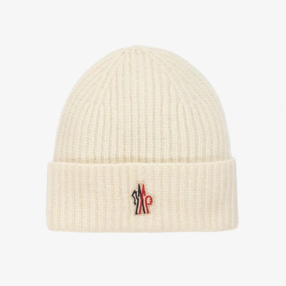 Moncler Enfant Hats*Ivory Wool Knit Beanie Hat