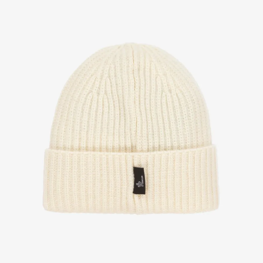 Moncler Enfant Hats*Ivory Wool Knit Beanie Hat
