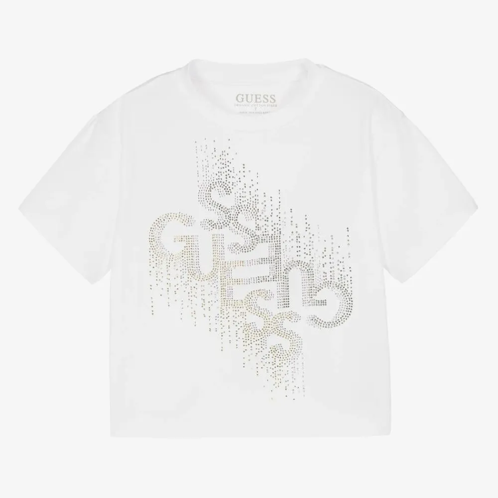 Guess Tops*Junior Girls White Cotton Diamanté T-Shirt
