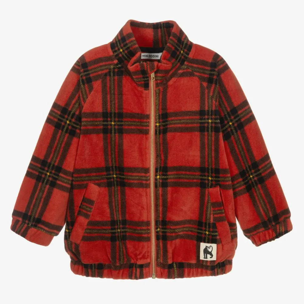 Mini Rodini Tops*Red Tartan Check Zip-Up Fleece Top