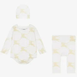 Burberry Gifts|Babysuits*White & Beige Cotton EKD Babysuit Set
