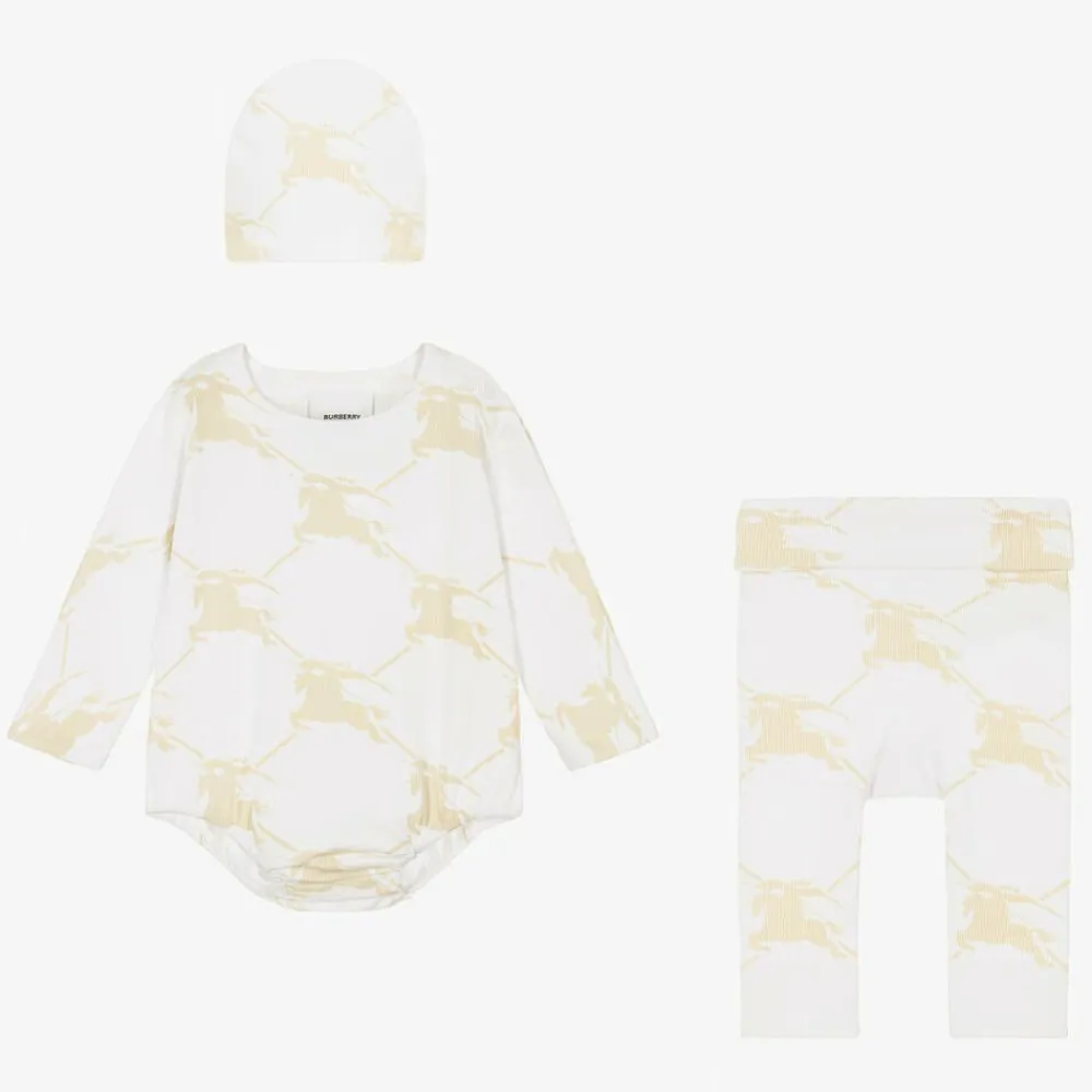 Burberry Gifts|Babysuits*White & Beige Cotton EKD Babysuit Set