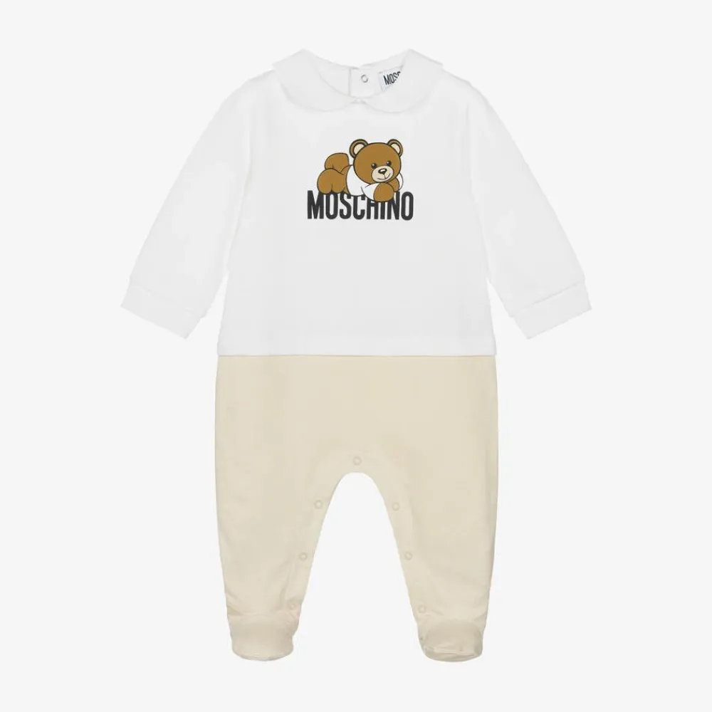 Moschino Baby Gifts|Babysuits*White & Beige Organic Cotton Babygrow