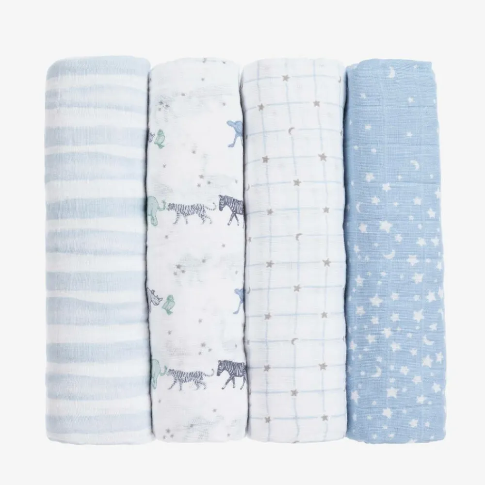 aden + anais Sleeping Accessories*White & Blue Muslin Swaddles (4 Pack)