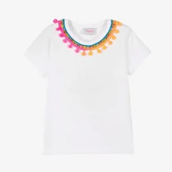 Selini Action Tops*White Cotton Pom-Pom T-Shirt