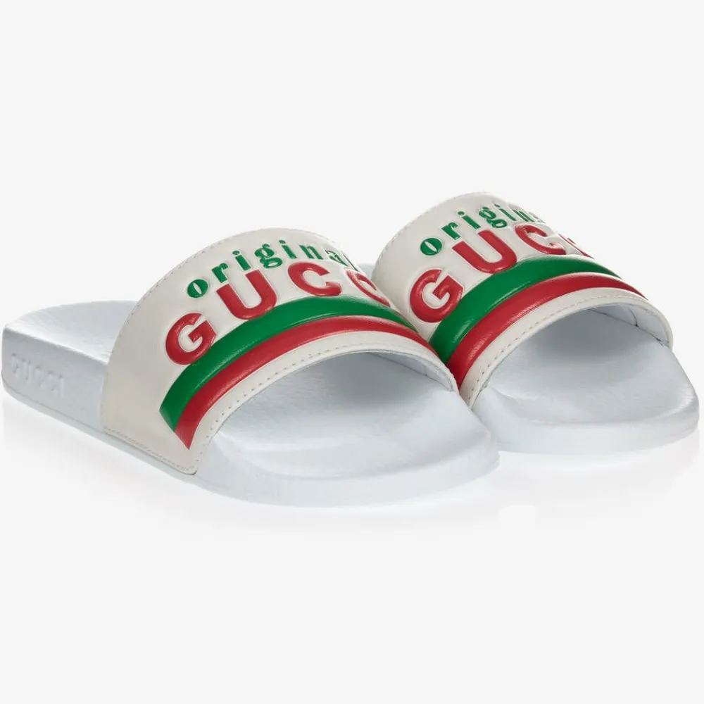 Gucci Sliders|Sliders*White Leather Logo Sliders