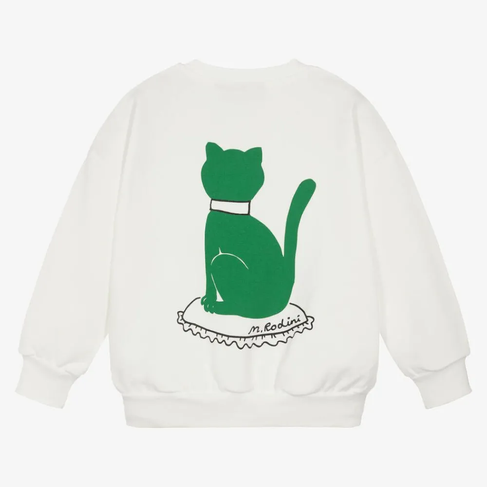 Mini Rodini Tops*White Organic Cotton Cat Print Sweatshirt