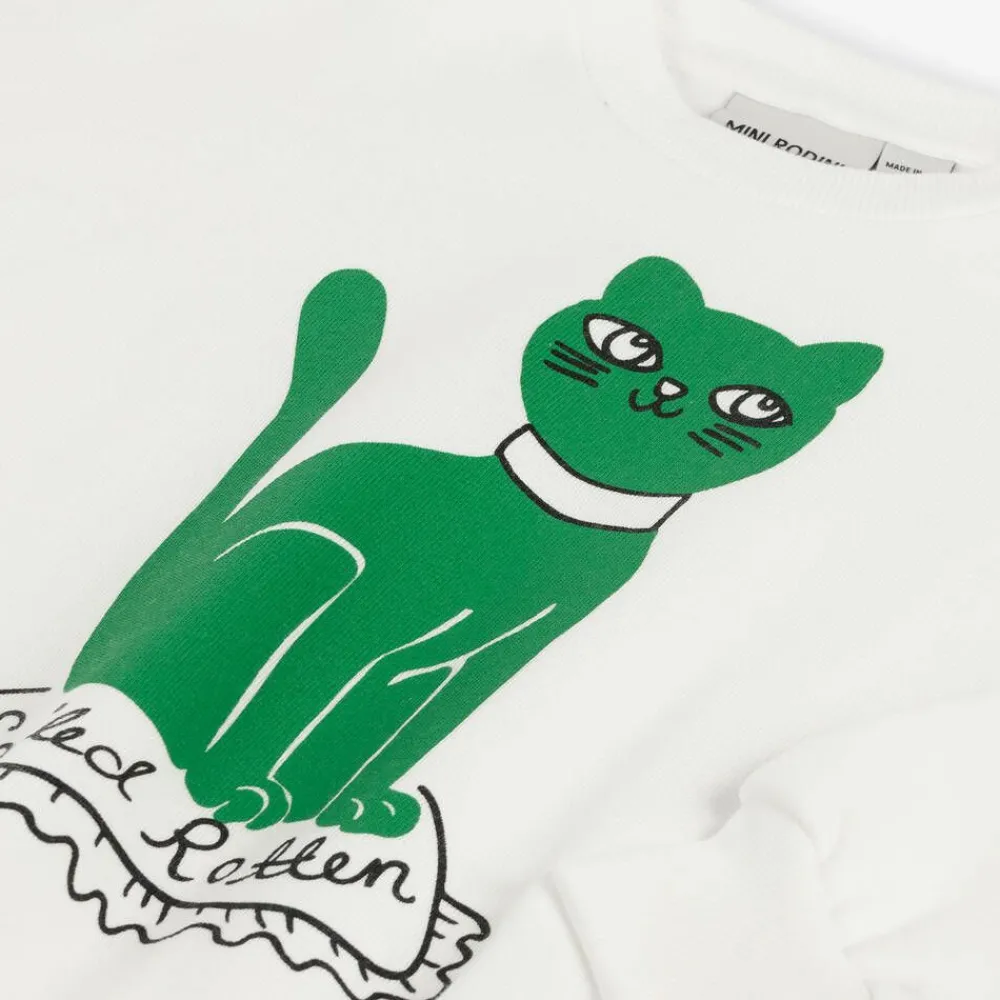Mini Rodini Tops*White Organic Cotton Cat Print Sweatshirt